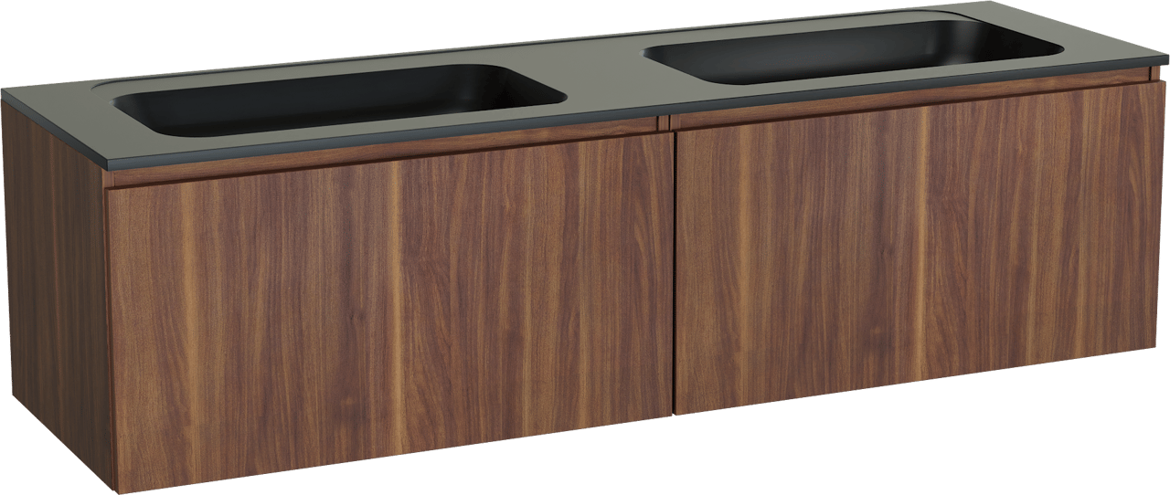 Balmani Sfera zwevend badmeubel 180 x 55 cm amerikaans notenhout met Tablo Strada dubbele wastafel in composietmarmer mat zwart