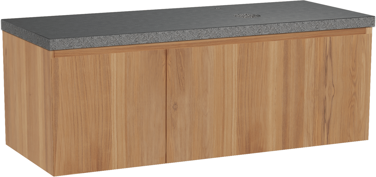 Balmani Idra meuble salle de bains suspendu 135 x 55 cm teck avec Rock plan vasque asymétrique à droite en granit noir