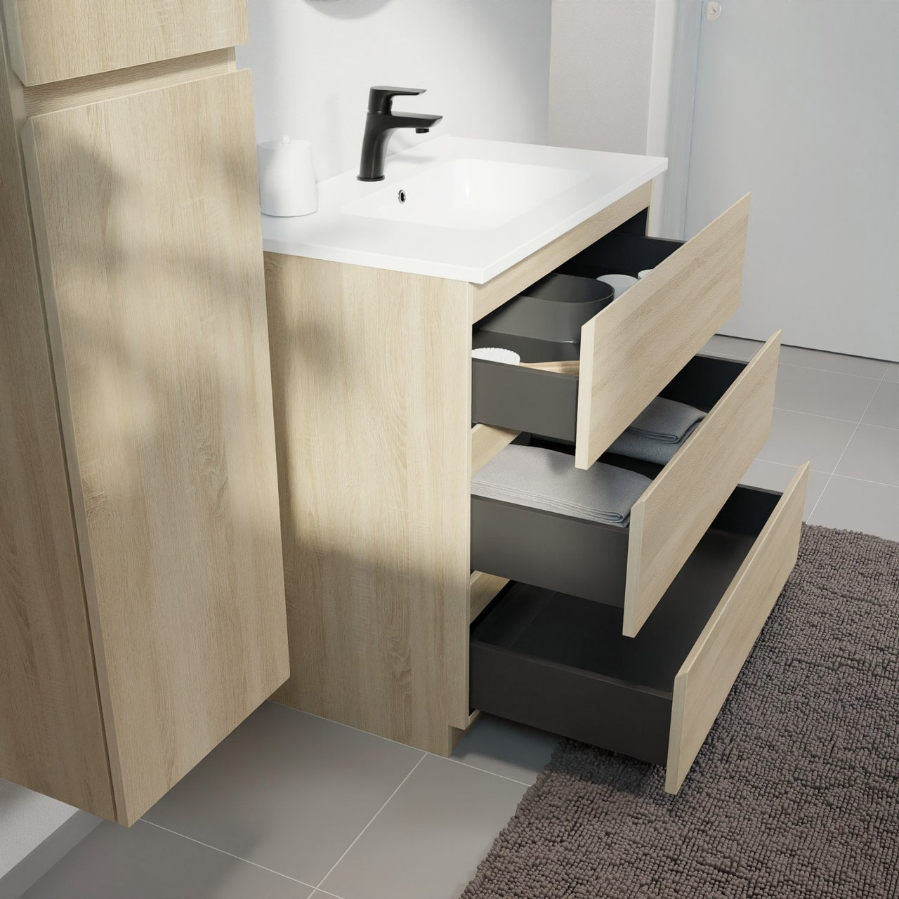 Linie Lado staand badmeubel 80 x 46 cm wit eiken met Vano enkele wastafel in composietmarmer mat wit