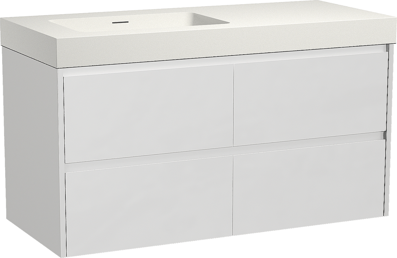 Storke Seda hängendes Möbelstück Set: 120 x 52 cm, Weiß matt, mit Mata High Waschtisch links, Solid Surface Weiß matt
