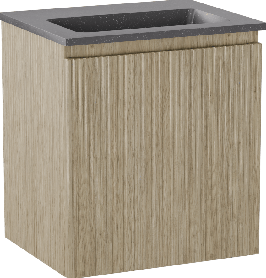 Storke Ribs meuble salle de bains suspendu 45 x 35 cm chêne brut avec Scuro plan simple en Quartz noir mat