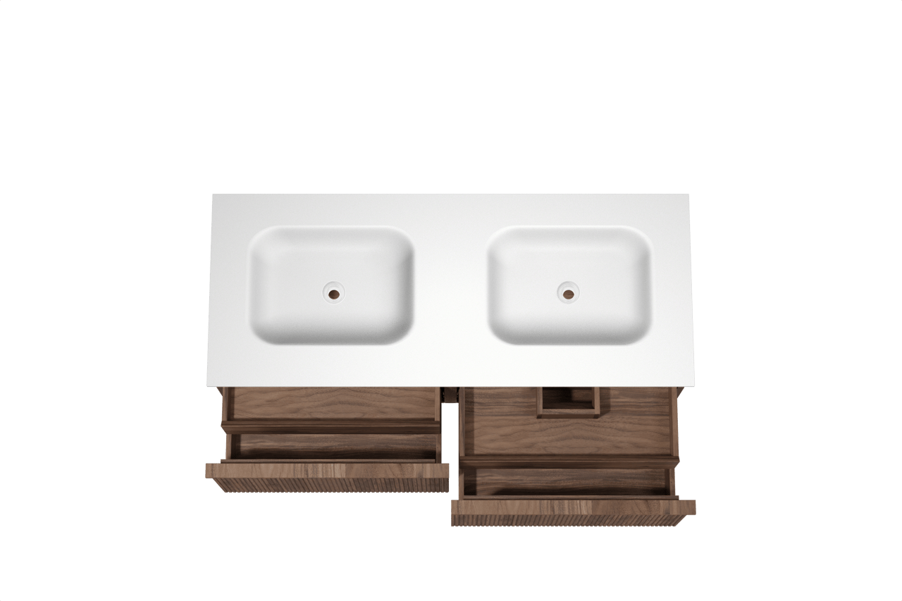 Balmani Forma zwevend badkamermeubel 135 x 55 cm amerikaanse notelaar met Tablo Arcato dubbele wastafel in solid surface mat wit, Verticale symmetrische rechte ribbel