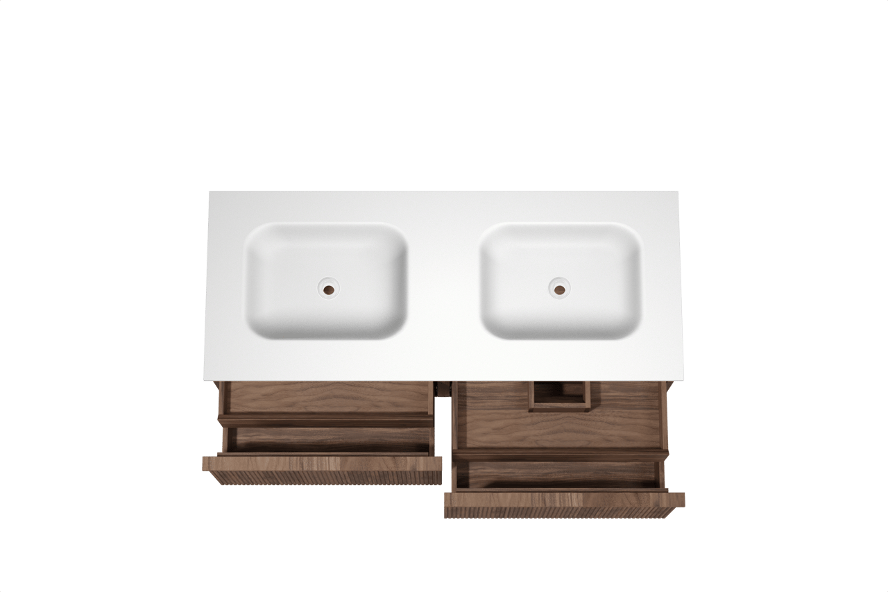 Balmani Forma zwevend badkamermeubel 135 x 55 cm amerikaanse notelaar met Tablo Arcato dubbele wastafel in solid surface mat wit, Verticale symmetrische rechte ribbel