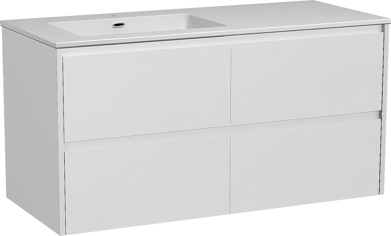 Storke Seda zwevend badmeubel 120 x 52 cm mat wit met Diva asymmetrisch linkse wastafel in composietmarmer hoogglans wit