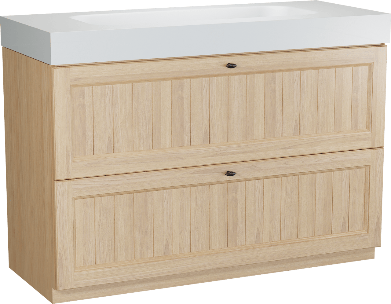 Balmani Lemon staand badkamermeubel 135 x 55 cm, fineer natuur eik met Arcato enkele wastafel voor 2 kraangaten in mat wit