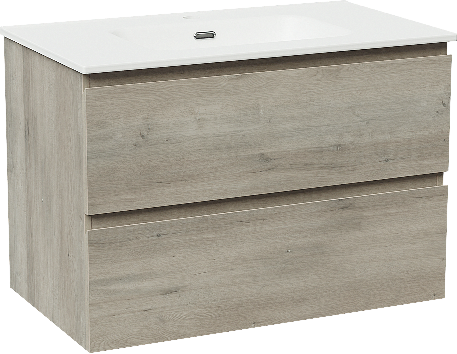 Linie Lado meuble salle de bains suspendu 80 x 46 cm chêne gris avec Baro plan simple en porcelaine blanc mat