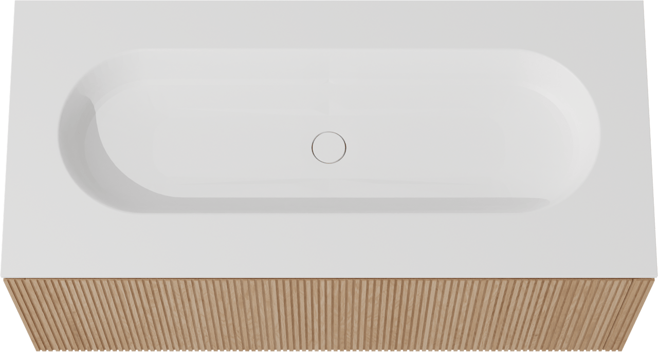 Balmani Eclips hängendes Möbelstück Set: 120 x 55 cm, Eiche Natur, mit Tablo Oval Einzelwaschtisch mit 2 Bohrungen Solid Surface Weiβ matt, Vertikale symmetrische gerade Rippe