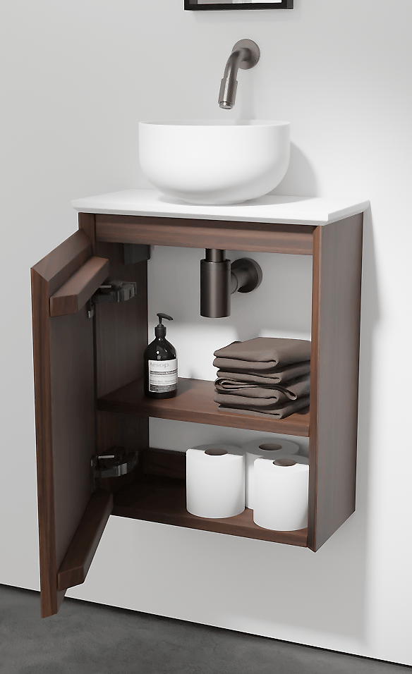 Balmani Mitra meuble wc suspendu 42 x 21 cm noyer américain avec Facetta tablette et Bowl vaque à poser en Solid Surface mat