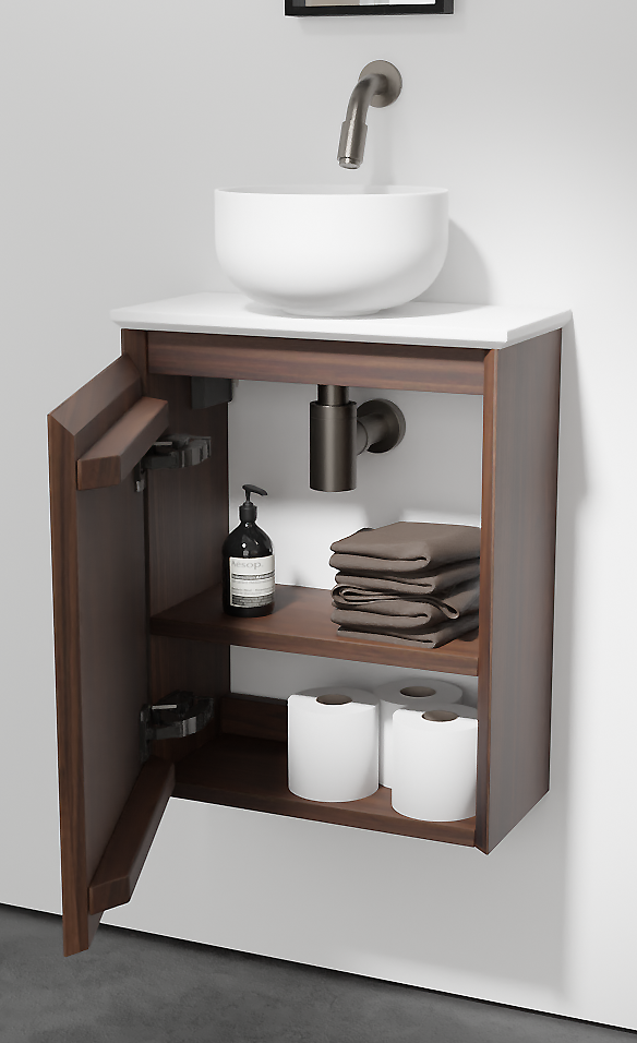 Balmani Mitra zwevend toiletmeubel 42 x 21 cm amerikaanse notelaar met Facetta tablet en Bowl waskom in matte Solid Surface