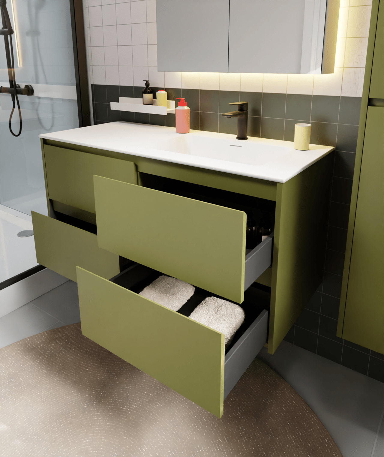 Storke Seda meuble sous-vasque suspendu 120 x 52 cm vert olive 4 tiroirs