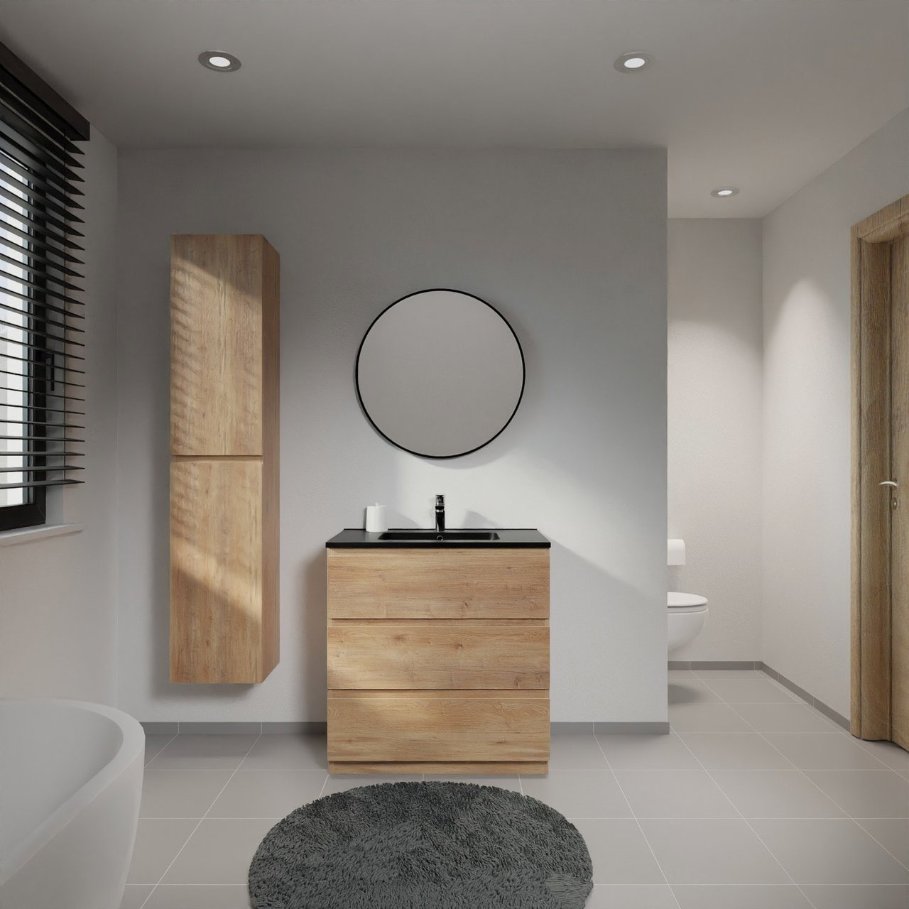 Linie Lado staand badkamermeubel 80 x 46 cm natuur eik met Vano enkele wastafel in composietmarmer mat zwart