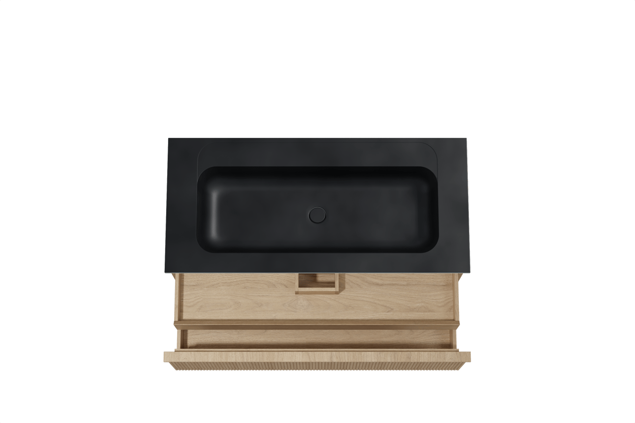 Balmani Forma meuble salle de bains suspendu 120 x 55 cm chêne naturel avec Tablo Strada lavabo simple pour 2 trous de robinet en marbre composite noir mat, Nervure droite symétrique verticale