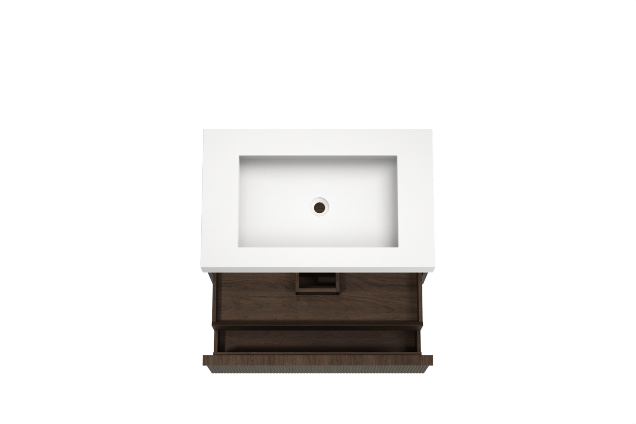 Balmani Forma zwevend badkamermeubel 90 x 55 cm gerookte eik met Modus enkele wastafel in solid surface mat wit, Verticale symmetrische rechte ribbel