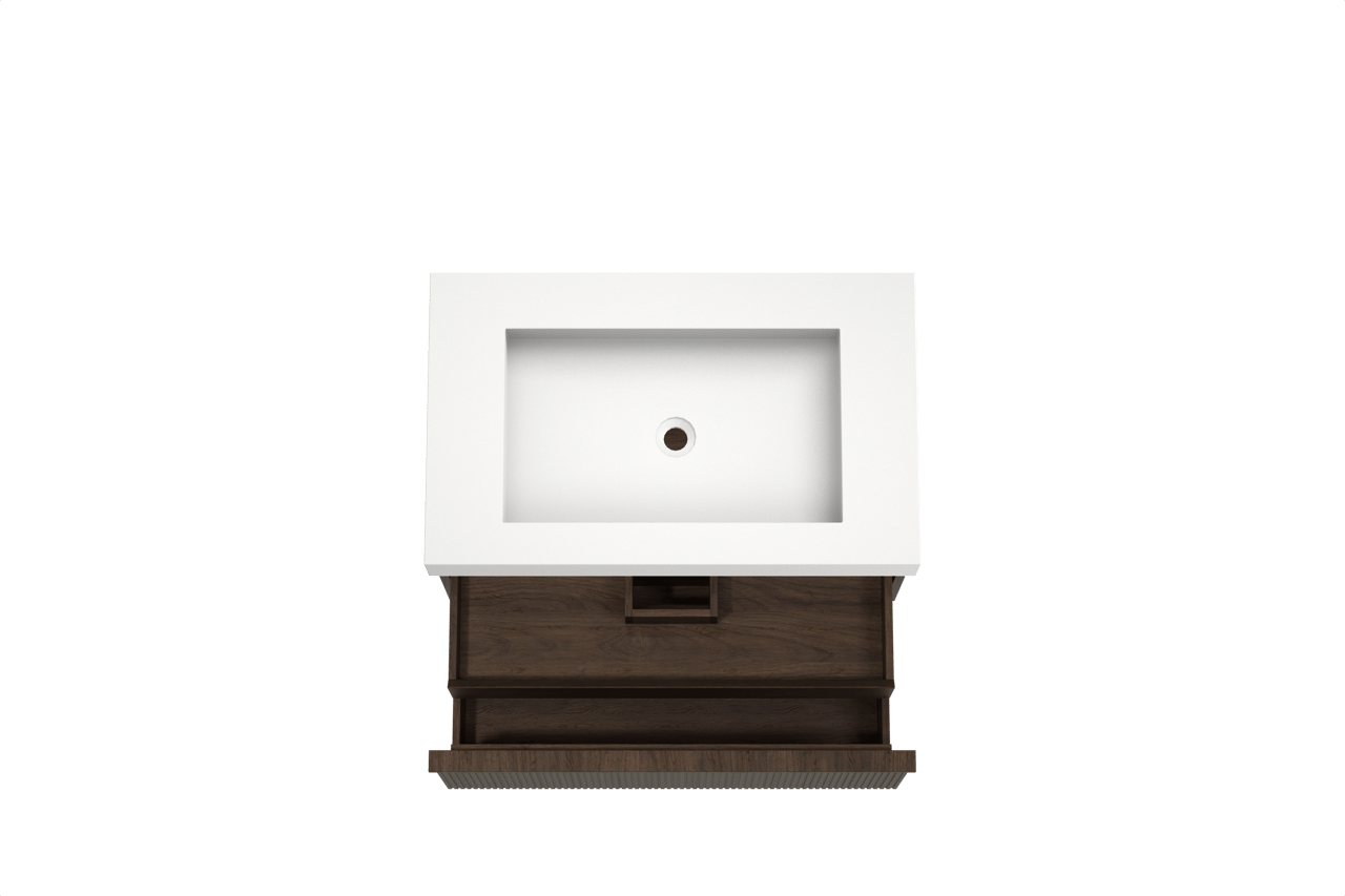 Balmani Forma meuble salle de bains suspendu 90 x 55 cm chêne fumé avec Modus plan simple en solid surface blanc mat, Nervure droite symétrique verticale