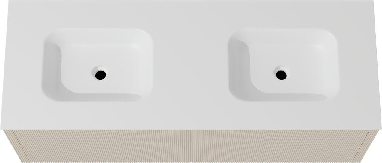 Balmani Eclips meuble salle de bains suspendu 150 x 55 cm Sandbeige avec Tablo Arcato double vasque en Solid Surface blanc mat, Nervure droite symétrique verticale