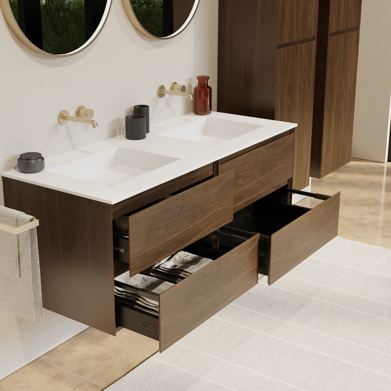 Balmani Mitra hängendes Möbelstück Set: 135 x 55 cm, Amerikanischer Nussbaum, mit Tablo Stretto Doppelwaschtisch, Solid Surface Weiß matt