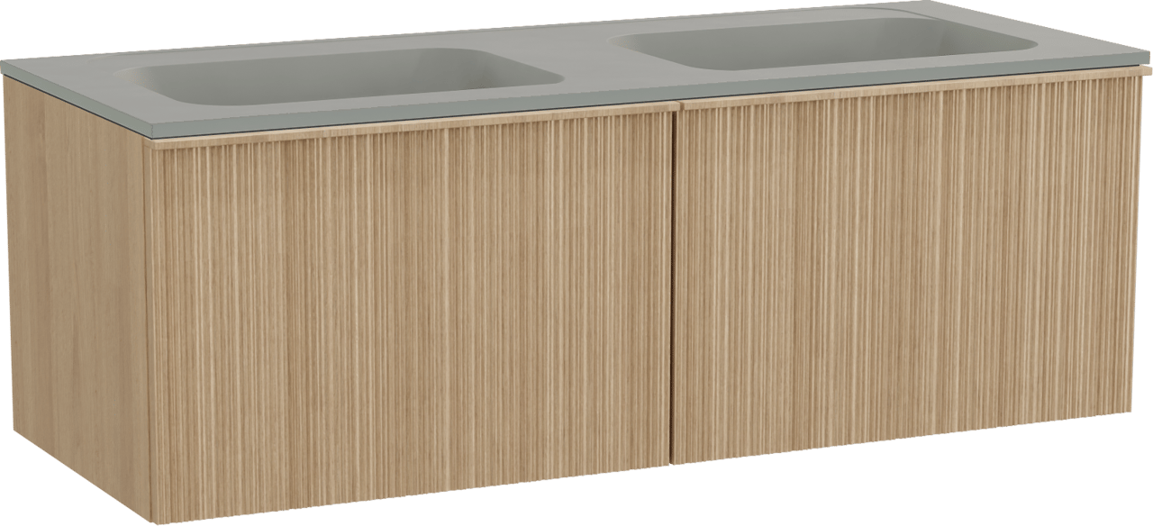 Balmani Forma zwevend badkamermeubel 135 x 55 cm natuur eik met Tablo Strada dubbele wastafel in composietmarmer zijdegrijs, Verticale asymmetrische ronde ribbel