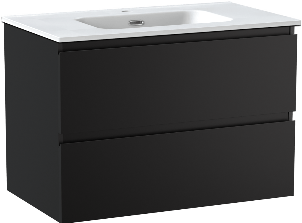 Linie Lado meuble salle de bains suspendu 80 x 46 cm noir mat avec Baro plan simple en porcelaine blanc mat