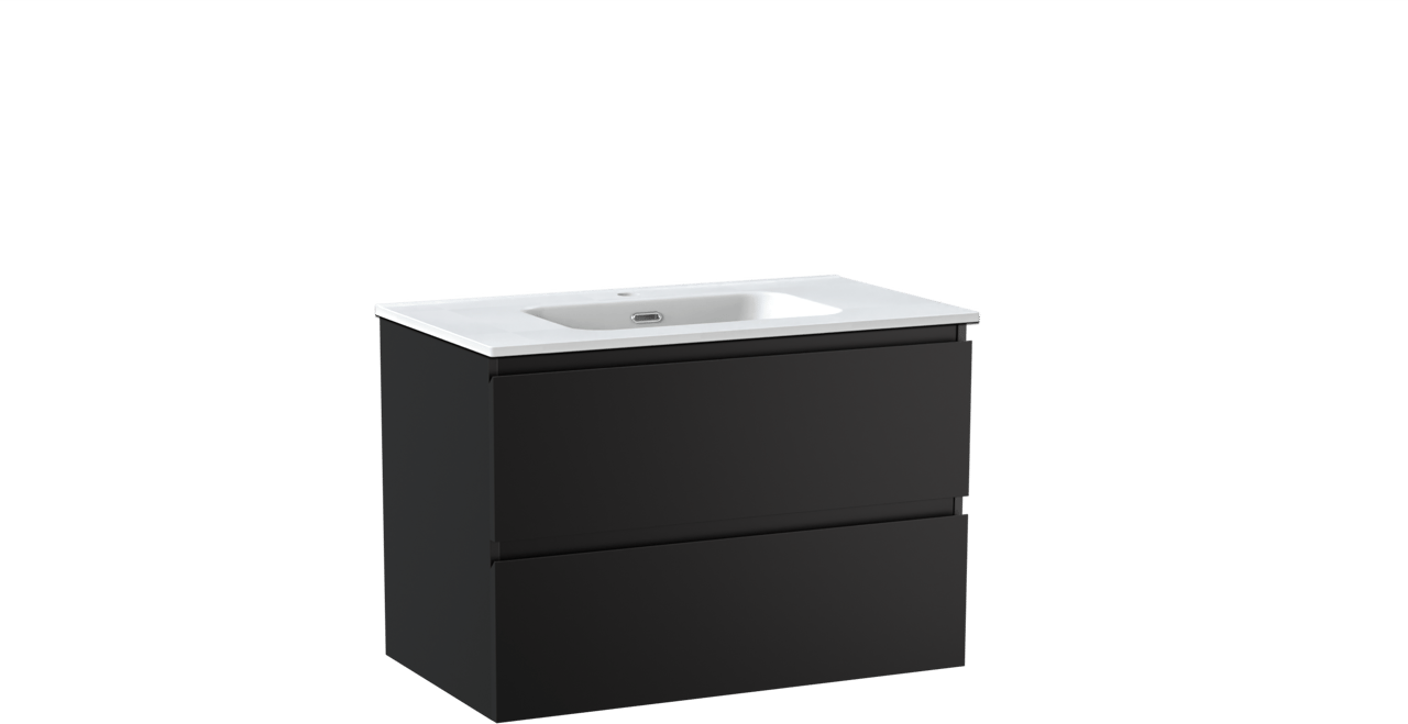 Linie Lado hängendes Möbelstück Set: 80 x 46 cm, Schwarz matt, mit Baro Einzelwaschtisch, Porzellan Weiß matt
