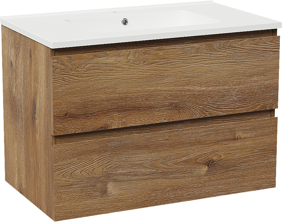 Linie Lado meuble salle de bains suspendu 80 x 46 cm chêne brun avec Vano plan simple en marbre composite blanc mat