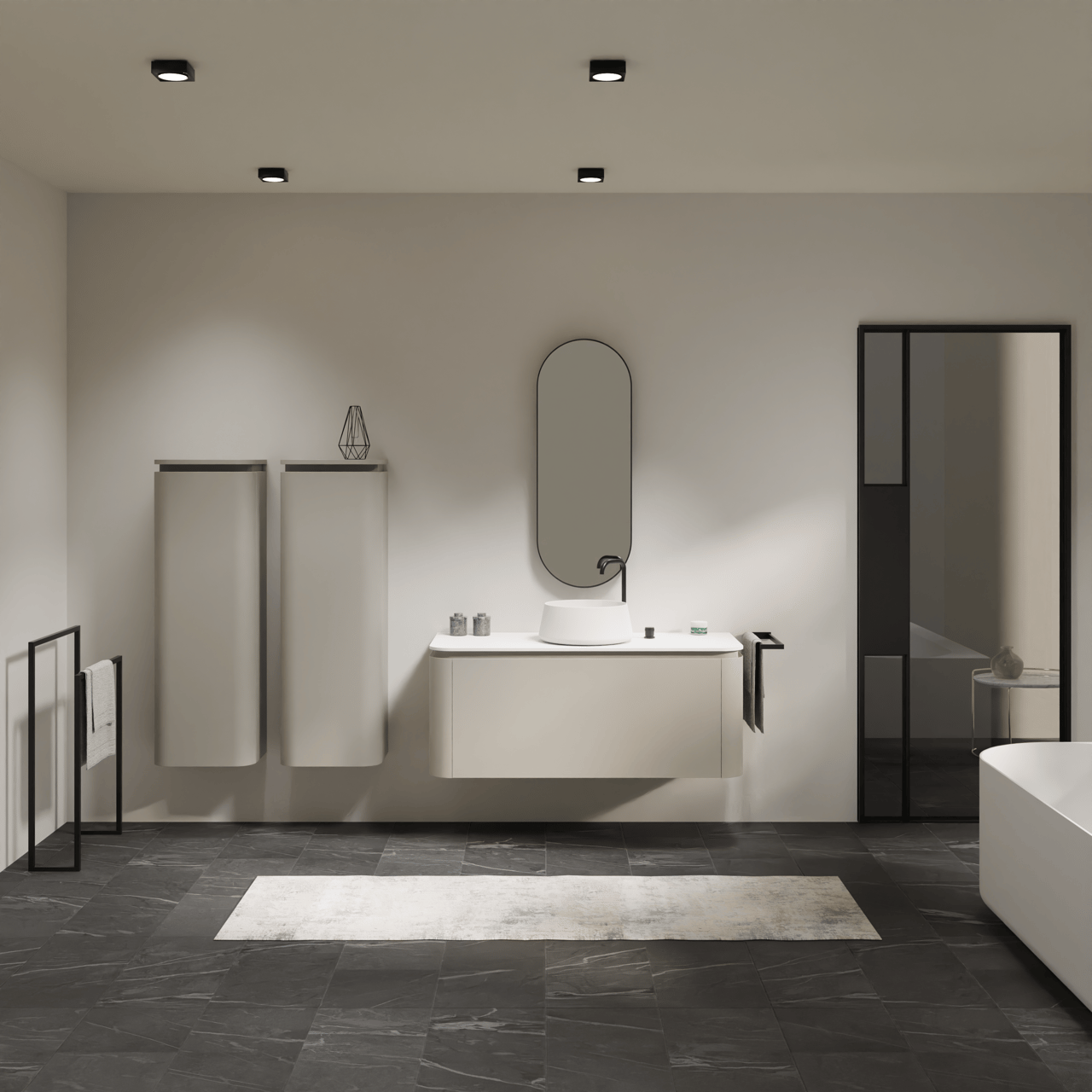 Balmani Moon meuble salle de bains suspendu 130 x 55 cm soie grise avec Moon tablette simple ou double en solid surface blanc mat