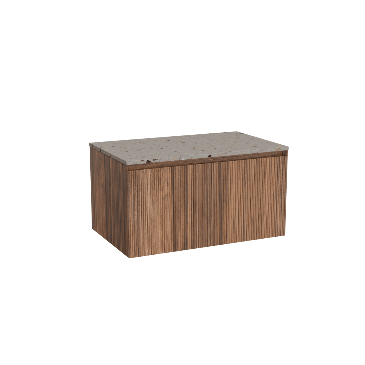 Balmani Fila hängendes Möbelstück Set: 90 x 55 cm, Nussbaum, mit Stretto Einzel Waschtischplatte, Terrazzo in Greige, Vertikale symmetrische gerade Rippe