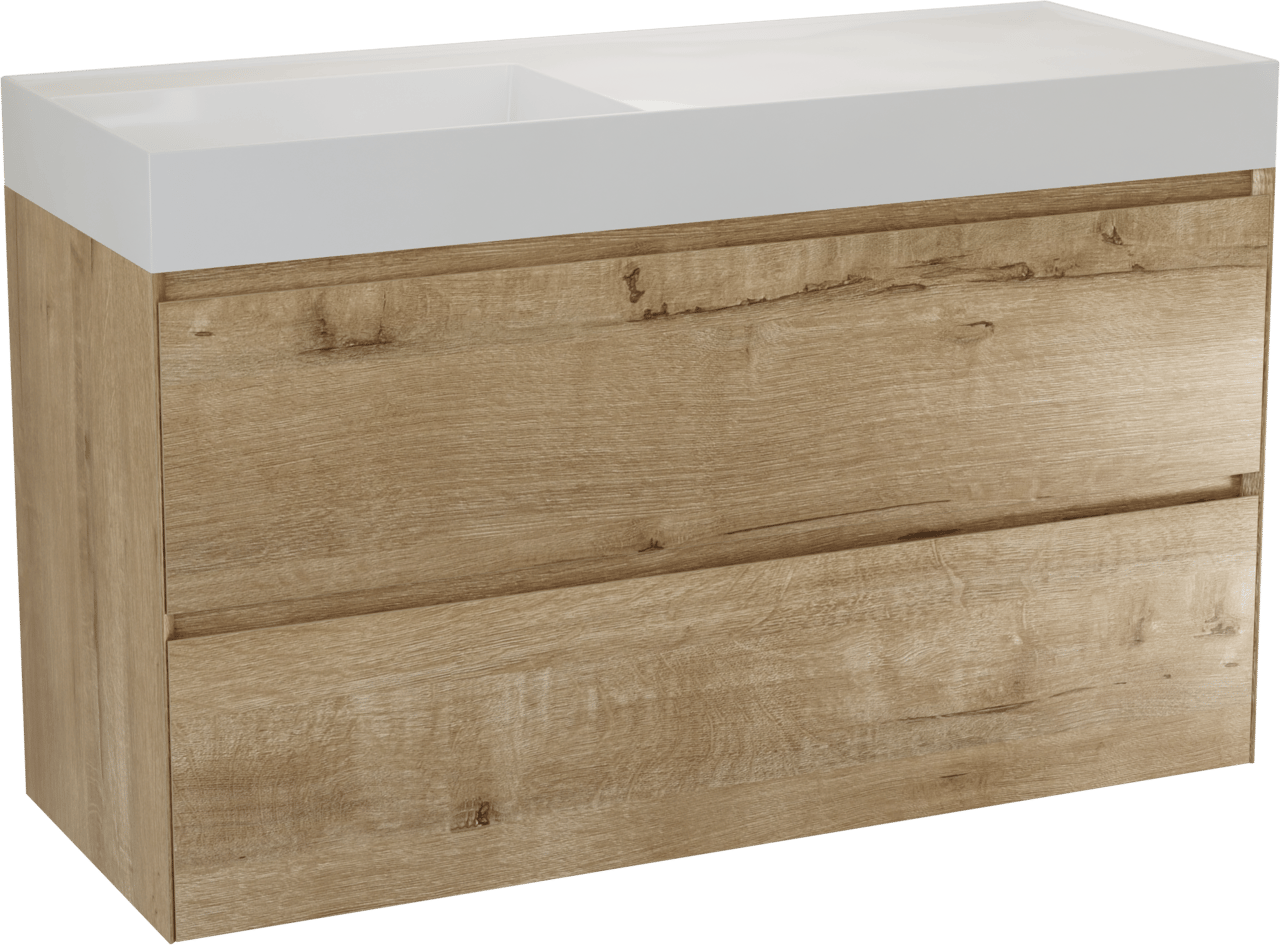 Balmani Mitra Compact zwevend badkamermeubel 120 x 46 cm ruwe eik met Argila asymmetrisch linkse wastafel in composietmarmer glanzend wit