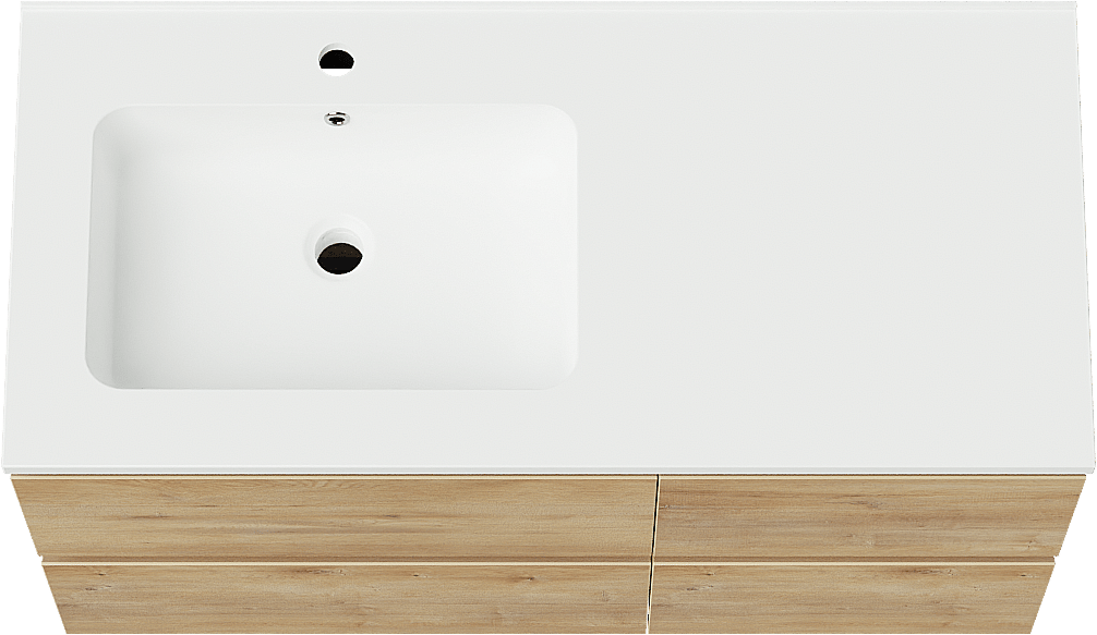 Linie Lado zwevend badkamermeubel 100 x 46 cm natuur eik met Vano asymmetrisch linkse wastafel in composietmarmer mat wit