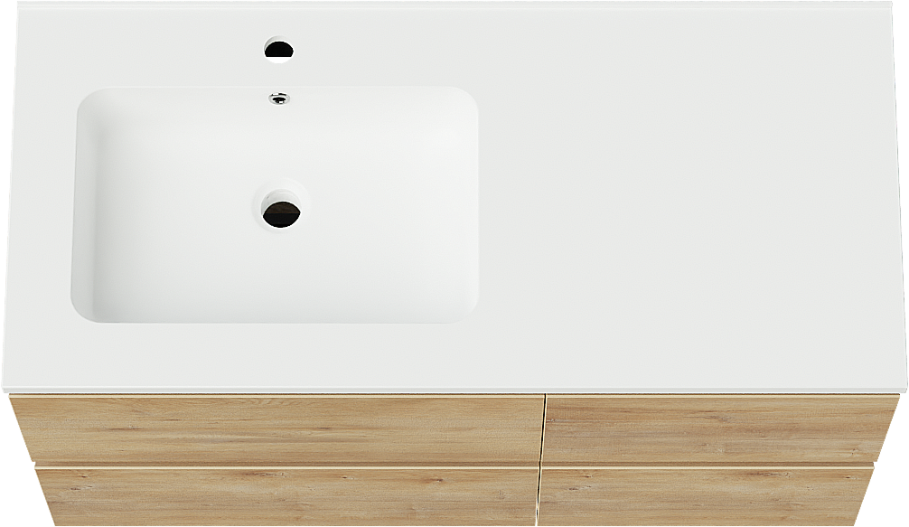 Linie Lado zwevend badkamermeubel 100 x 46 cm natuur eik met Vano asymmetrisch linkse wastafel in composietmarmer mat wit