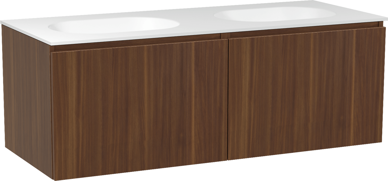 Balmani Sfera zwevend badkamermeubel 135 x 55 cm amerikaanse notelaar met Tablo Oval dubbele wastafel in solid surface mat wit