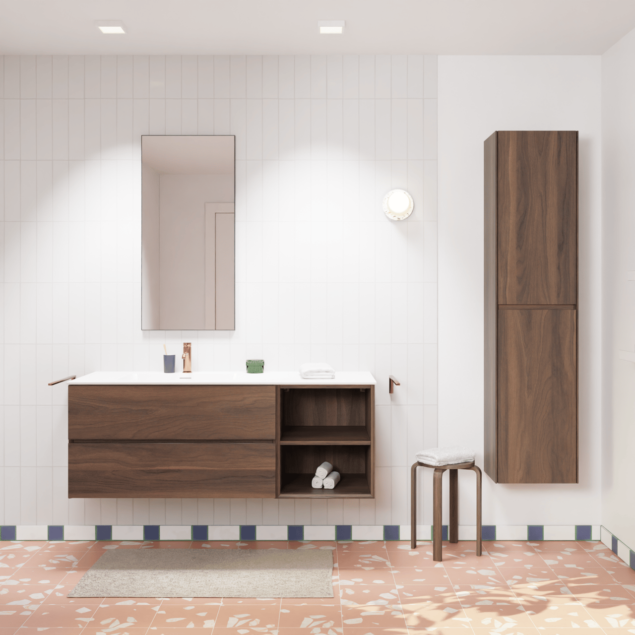 Storke Edge hängendes Möbelstück Set: 140 x 52 cm, Nussbaum, mit Mata Waschtisch links, Solid Surface Weiß matt