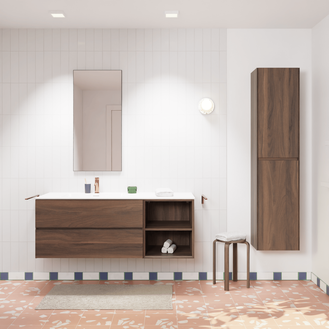 Storke Edge hängendes Möbelstück Set: 140 x 52 cm, Nussbaum, mit Mata Waschtisch links, Solid Surface Weiß matt