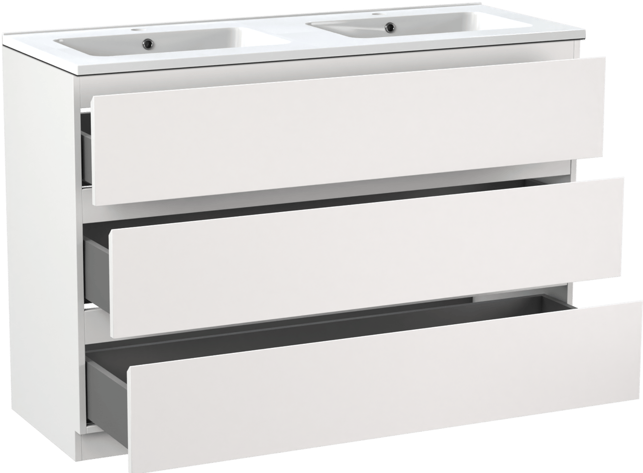 Linie Lado meuble salle de bains à poser 120 x 46 cm blanc mat avec Vano double vasque en marbre composite blanc brillant