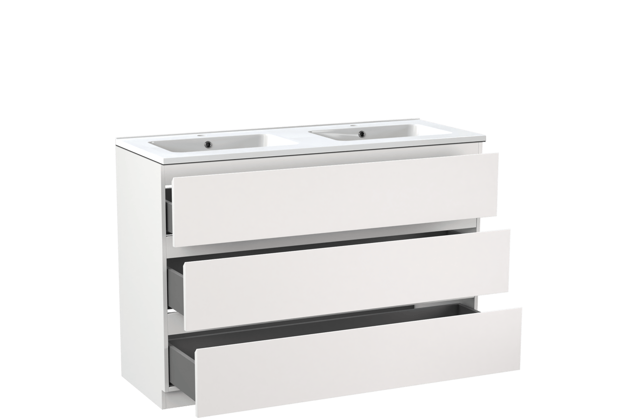 Linie Lado freistehendes Möbelstück Set: 120 x 46 cm, Weiß matt, mit Vano Doppelwaschtisch, Marmorkomposit Weiß glänzend