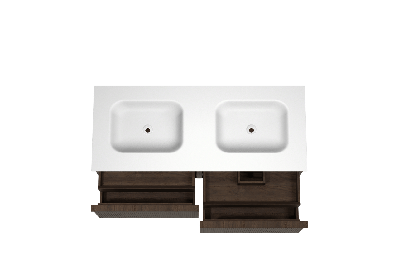 Balmani Forma zwevend badkamermeubel 135 x 55 cm gerookte eik met Tablo Arcato dubbele wastafel in solid surface mat wit, Verticale symmetrische rechte ribbel