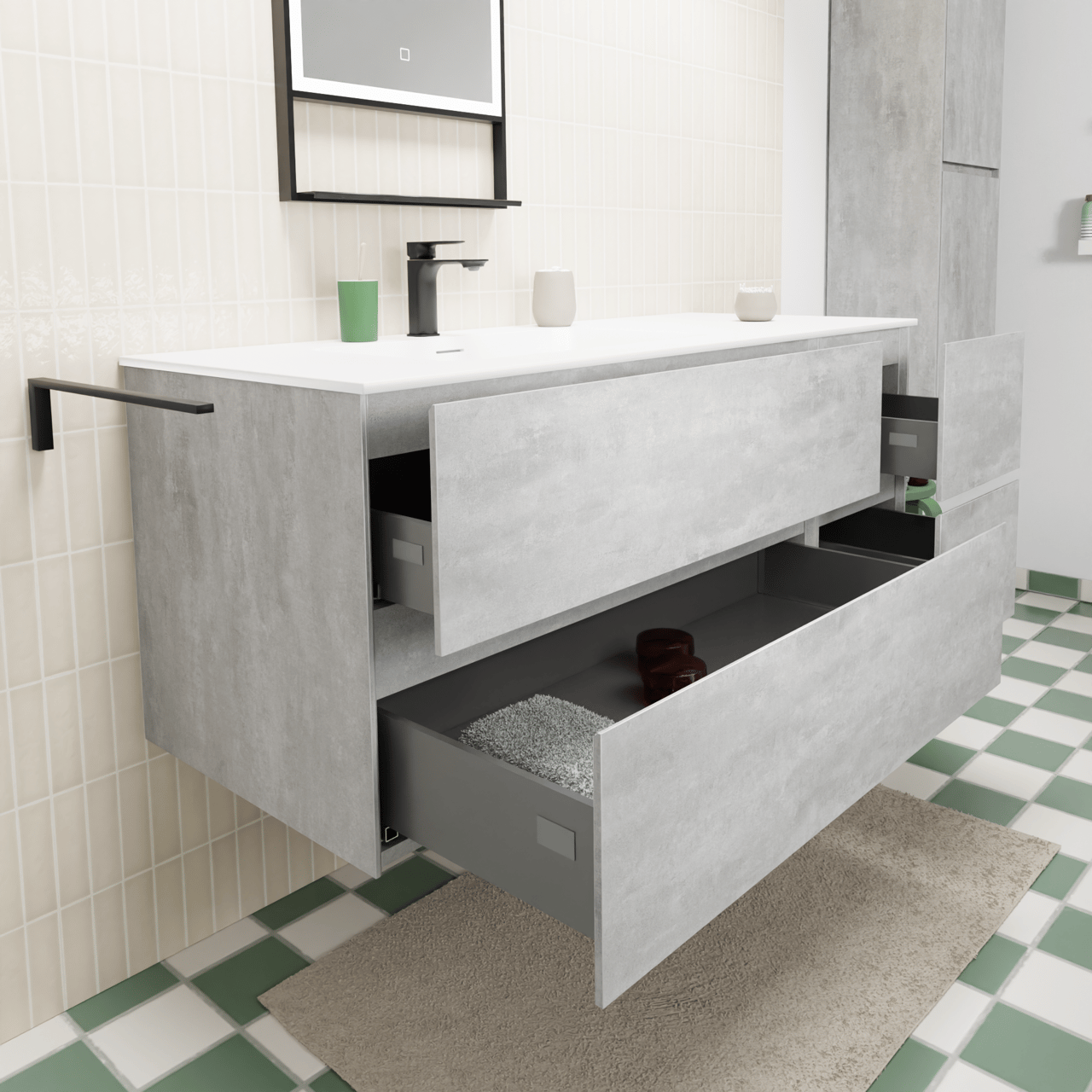 Storke Edge hängendes Möbelstück Set: 130 x 52 cm, Beton dunkelgrau, mit Mata Waschtisch links, Solid Surface Weiß matt