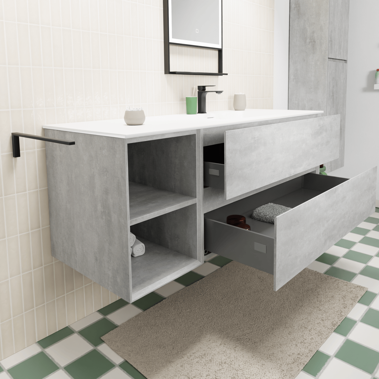 Storke Edge zwevend badmeubel 140 x 52 cm beton donkergrijs met Mata asymmetrisch rechtse wastafel in solid surface mat wit