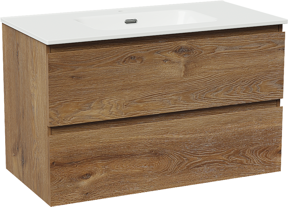 Linie Lado meuble salle de bains suspendu 90 x 46 cm chêne brun avec Baro plan simple en porcelaine blanc brillant