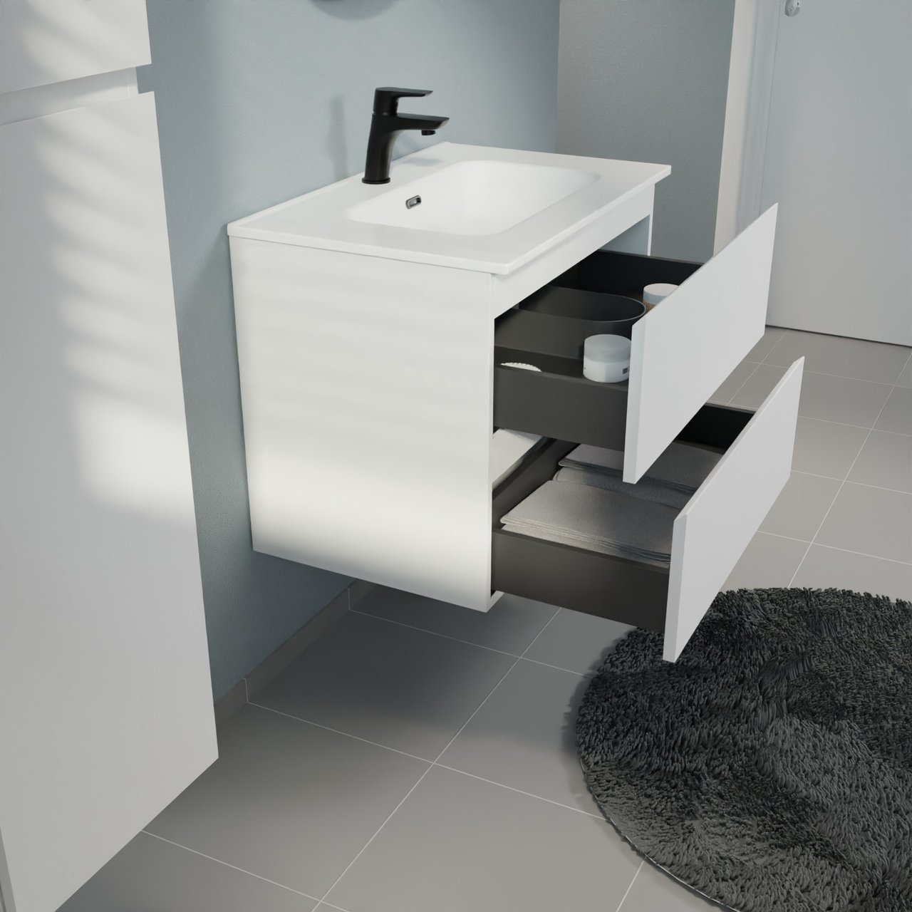 Linie Lado meuble salle de bains suspendu 70 x 46 cm blanc mat avec Baro plan simple en porcelaine blanc brillant