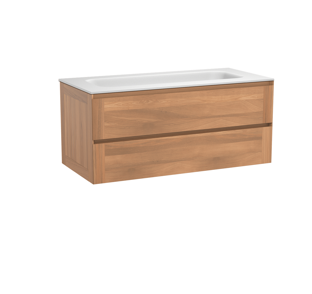 Balmani Mitra hängendes Möbelstück Set: 120 x 55 cm, Teak, mit Tablo Arcato Einzelwaschtisch für 2 Armaturenlöcher, Solid Surface Weiß matt