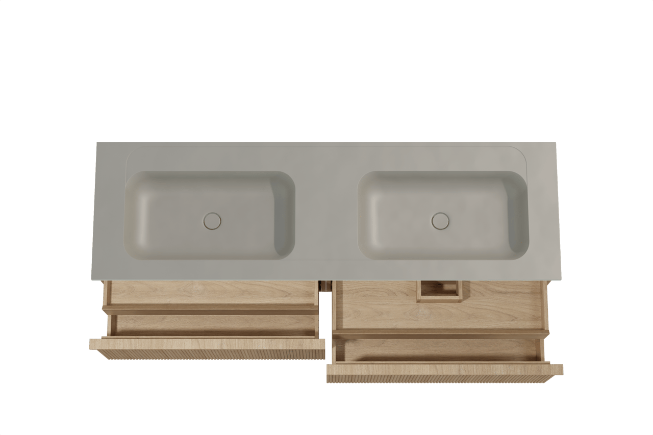 Balmani Forma meuble salle de bains suspendu 180 x 55 cm chêne naturel avec Tablo Strada double vasque en marbre composite soie grise, Nervure droite symétrique verticale