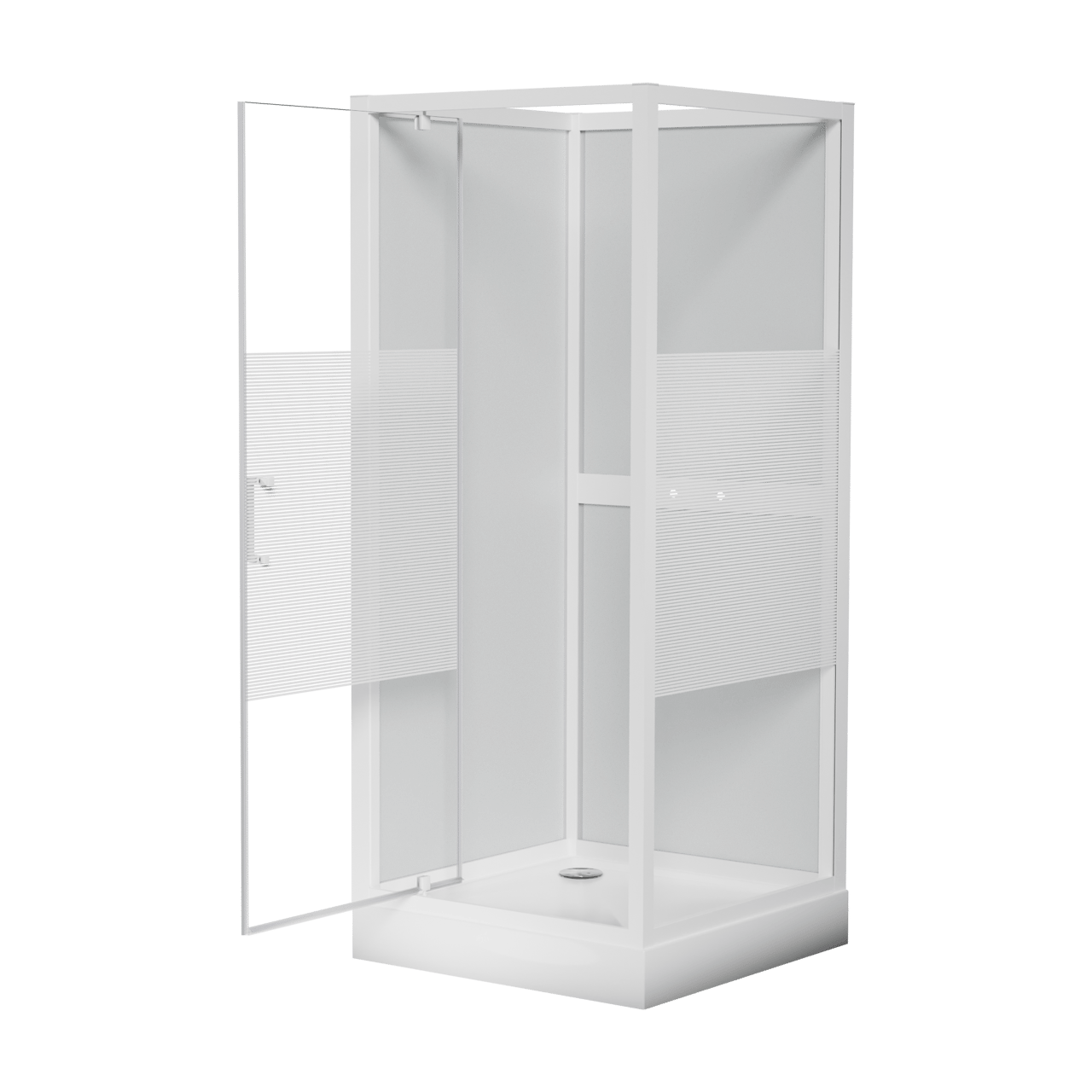 Luca Varess Talan Duschkabine: Drehtür, 90 x 90 cm, Klarglas mit gestreiftem matten Band, Weißes Profil, glänzend