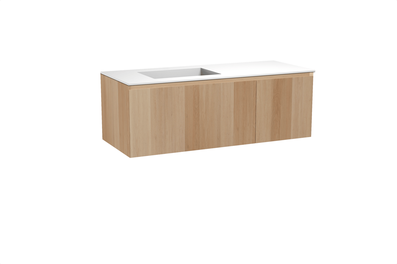 Balmani Idra meuble salle de bains suspendu 135 x 55 cm chêne naturel avec Tablo Stretto vasque asymétrique gauche en solid surface blanc mat