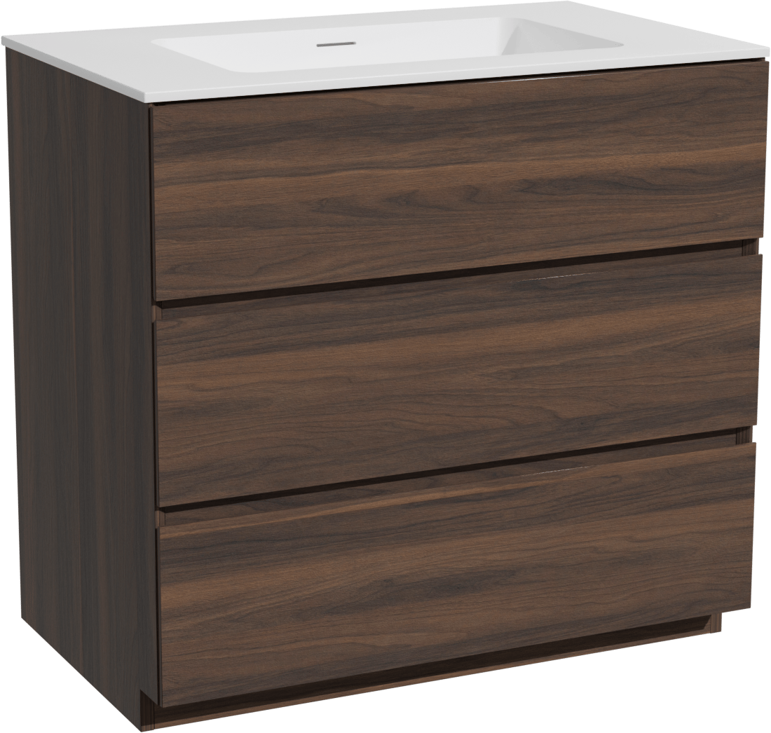 Storke Edge freistehendes Möbelstück Set: 85 x 52 cm, Nussbaum, mit Mata Einzelwaschtisch, Solid Surface Weiß matt