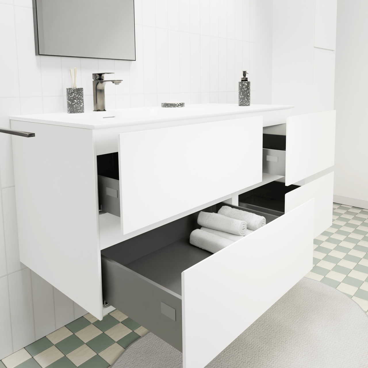 Storke Edge meuble salle de bains suspendu 110 x 52 cm blanc mat avec Mata plan vasque asymétrique à gauche en solid surface blanc mat