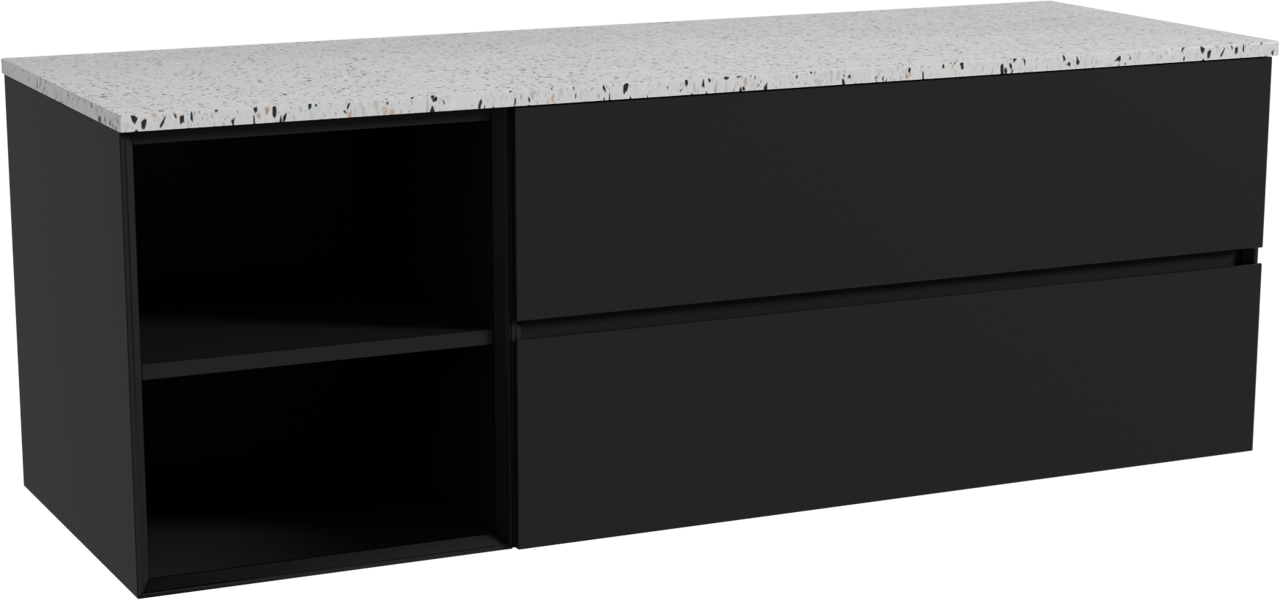 Storke Edge hängendes Möbelstück Set: 150 x 52 cm, Schwarz matt, mit Tavola Einzel- oder Doppel Waschtischplatte, Terrazzo in Weiß/Schwarz matt