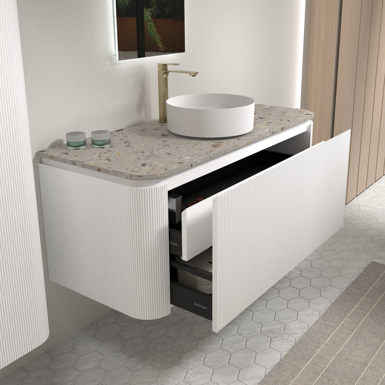 Balmani Moon hängendes Möbelstück Set: 130 x 55 cm, Weiß matt, mit Moon Einzel- oder Doppel Waschtischplatte, Terrazzo in Greige, Vertikale symmetrische gerade Rippe