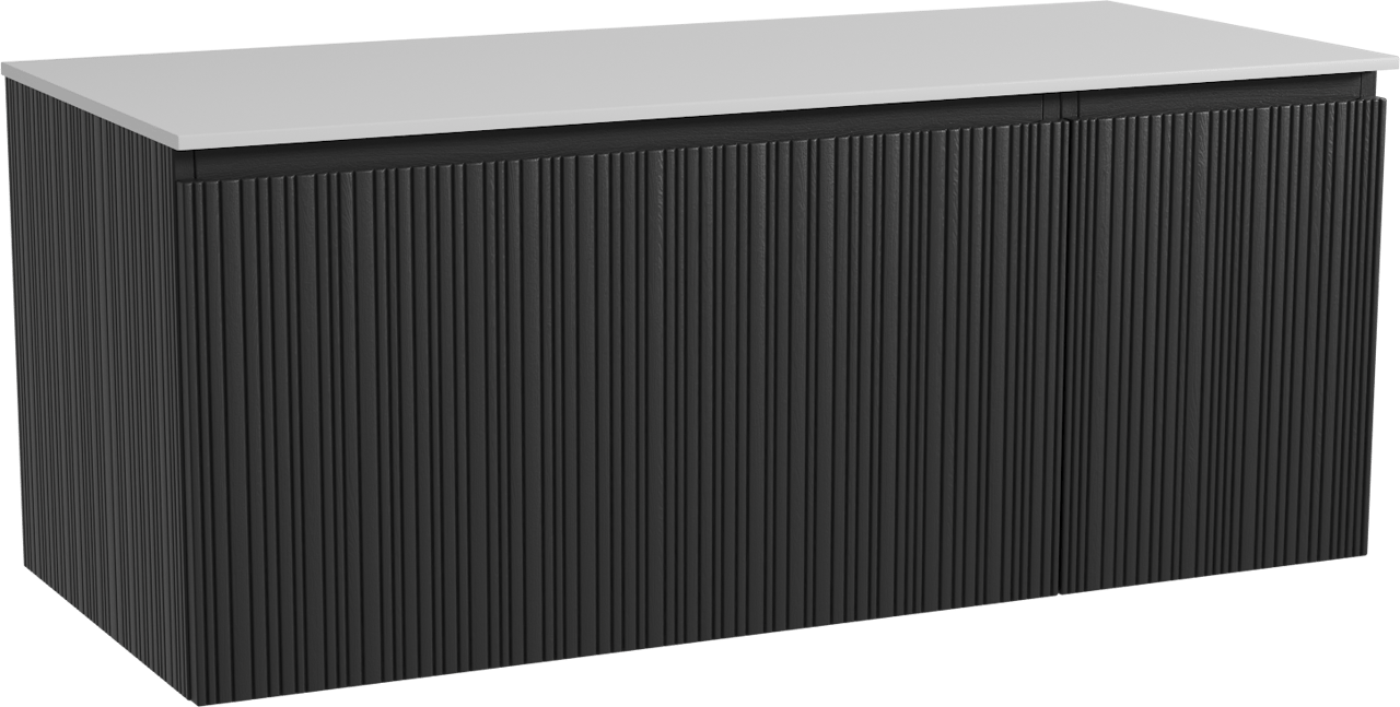 Storke Ribs hängendes Möbelstück Set: 120 x 52 cm, Schwarze Eiche, mit Tavola Einzel- oder Doppel Waschtischplatte, Solid Surface, Weiß matt, Vertikale asymmetrische gerade Rippe