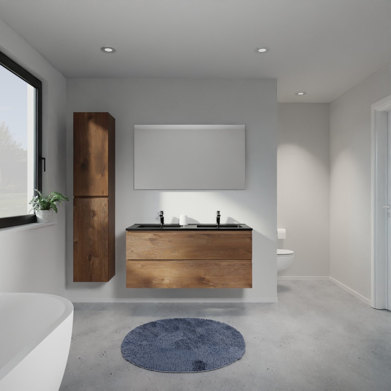 Linie Lado zwevend badmeubel 120 x 46 cm bruin eiken met Vano dubbele wastafel in composietmarmer mat zwart