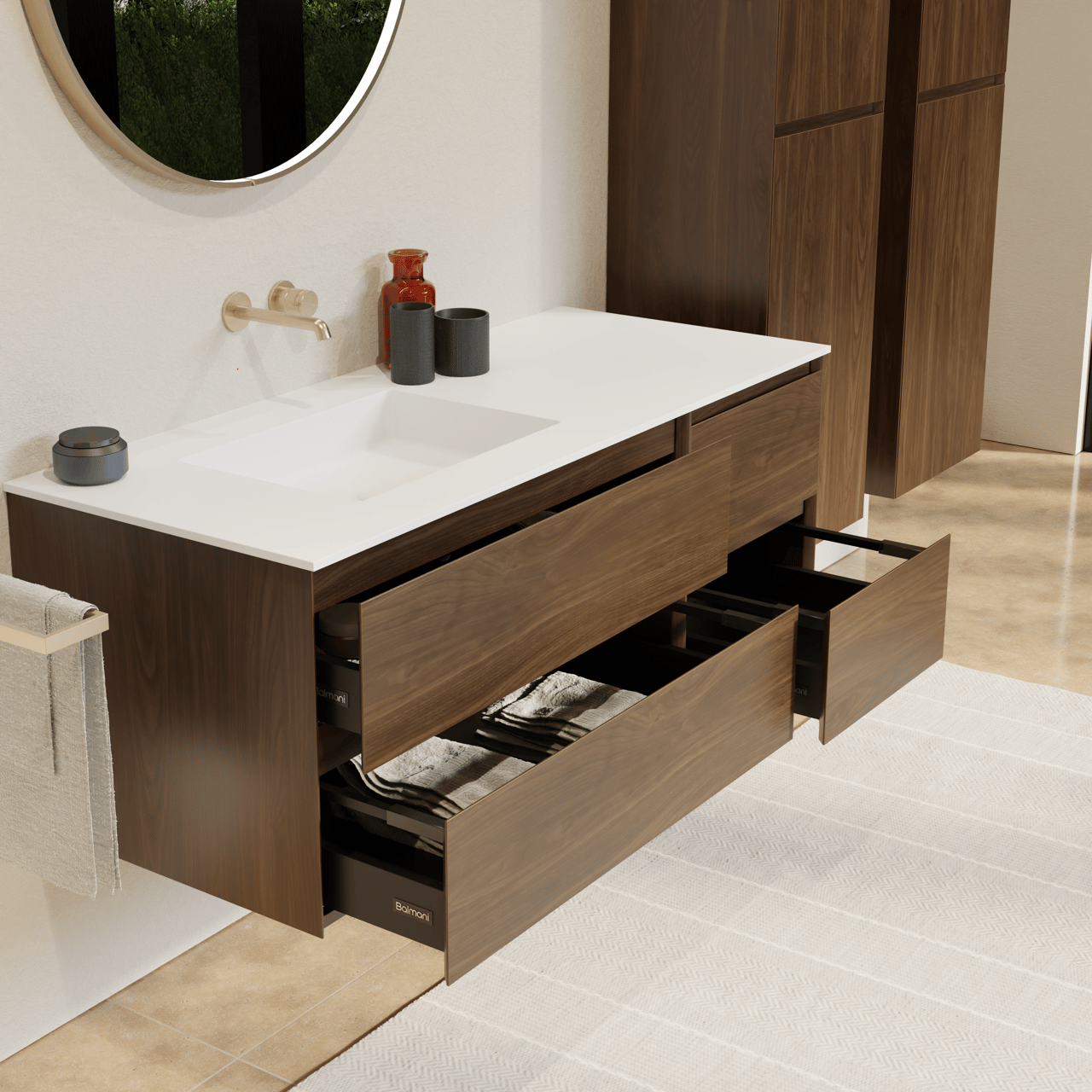 Balmani Mitra hängendes Möbelstück Set: 135 x 55 cm, Amerikanischer Nussbaum, mit Tablo Stretto Waschtisch links, Solid Surface Weiß matt